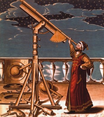 Astronomer gazing through telescope